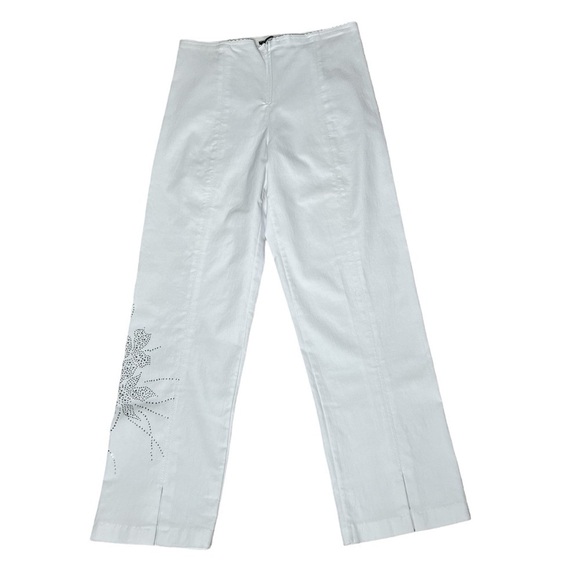 NWOT KAVELI Silver Floral Embellishments Front Slit White Ankle Pants Size 14 - Picture 1 of 16
